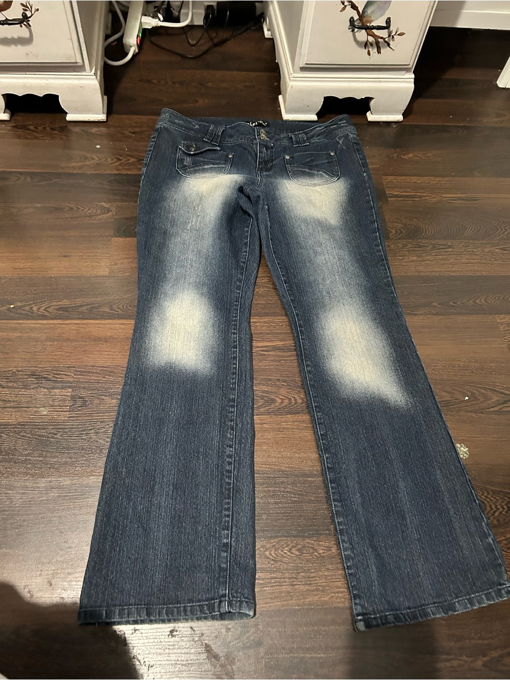 lei Women's Faded Dark Blue Flare Jeans